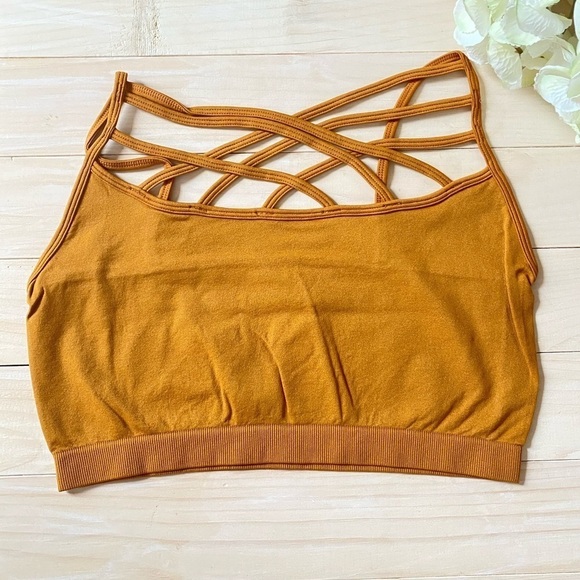 Zenana Yellow Mustard Plus Size Strappy Triple Criss Cross Caged Bralette NEW - Picture 2 of 5
